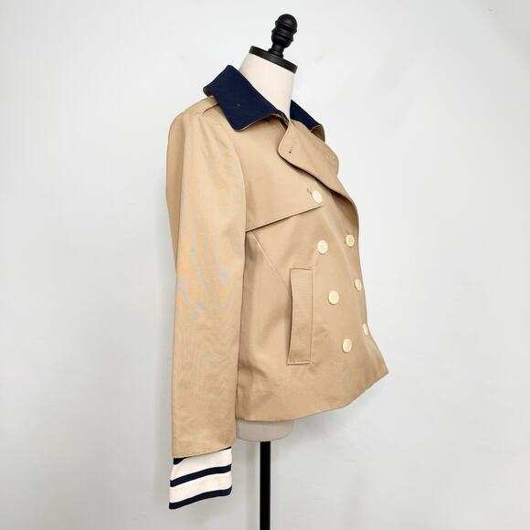 J. Crew Womens Crop Trench Coat Size 2 Tan Blue Nautical Preppy Jacket Stripes - Picture 6 of 16